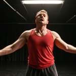A dedicated male musical theatre actor, mid-30s, in athletic wear, intensely performing vocal warm-ups and dynamic stretches in a dimly lit, empty rehearsal studio of a Moscow theatre. Early morning light catches the sweat on his brow, highlighting his focused and determined expression. The scene emphasizes rigorous discipline and the physical demands of daily training. Cinematic realism, high detail.