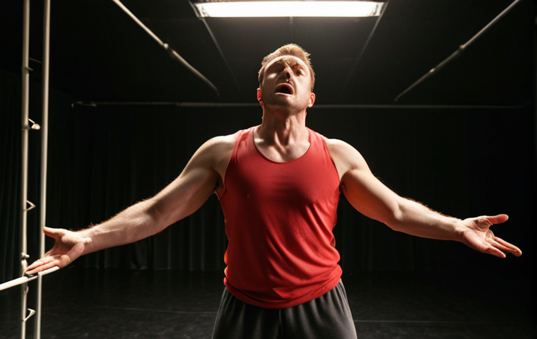 A dedicated male musical theatre actor, mid-30s, in athletic wear, intensely performing vocal warm-ups and dynamic stretches in a dimly lit, empty rehearsal studio of a Moscow theatre. Early morning light catches the sweat on his brow, highlighting his focused and determined expression. The scene emphasizes rigorous discipline and the physical demands of daily training. Cinematic realism, high detail.