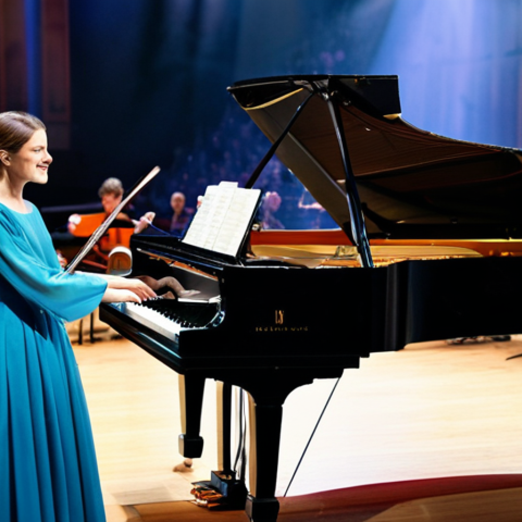 **
"A professional female musician, fully clothed in a modest concert gown, playing a grand piano on a brightly lit concert stage. The background features a blurred orchestra and a large, appreciative audience. Safe for work, appropriate content, perfect anatomy, correct proportions, natural pose, well-formed hands, proper finger count, professional photography, high quality."
**