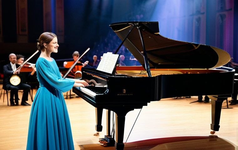 **
"A professional female musician, fully clothed in a modest concert gown, playing a grand piano on a brightly lit concert stage. The background features a blurred orchestra and a large, appreciative audience. Safe for work, appropriate content, perfect anatomy, correct proportions, natural pose, well-formed hands, proper finger count, professional photography, high quality."
**
