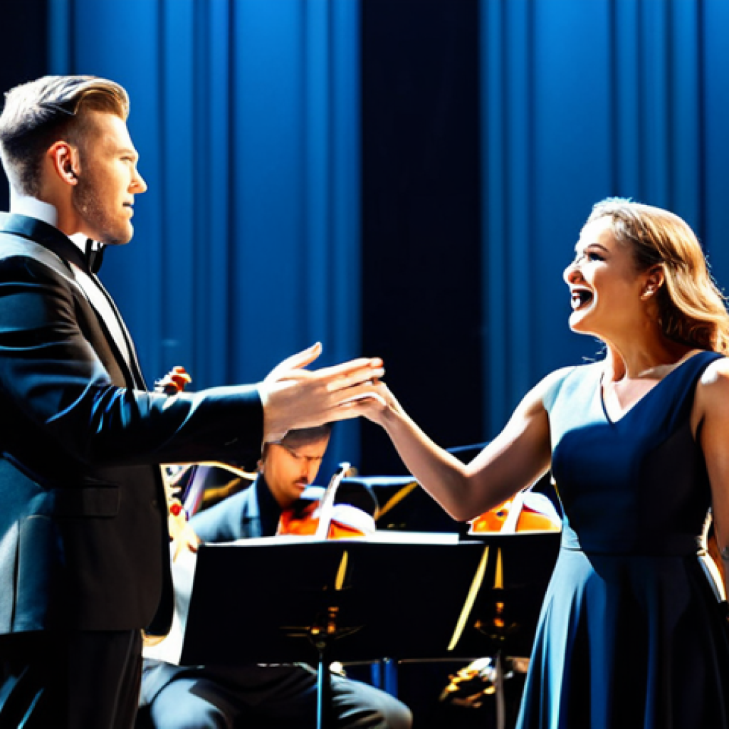 **
"Two professional singers, a male and a female, in formal concert attire, fully clothed, performing a duet on a brightly lit stage with an orchestra in the background, appropriate content, safe for work, perfect anatomy, correct proportions, well-formed hands, professional photography, high quality, family-friendly."
**