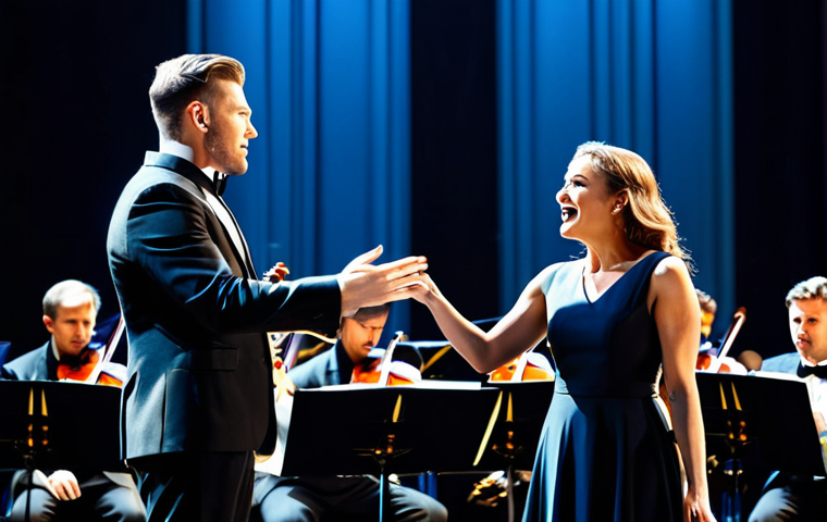 **
"Two professional singers, a male and a female, in formal concert attire, fully clothed, performing a duet on a brightly lit stage with an orchestra in the background, appropriate content, safe for work, perfect anatomy, correct proportions, well-formed hands, professional photography, high quality, family-friendly."
**