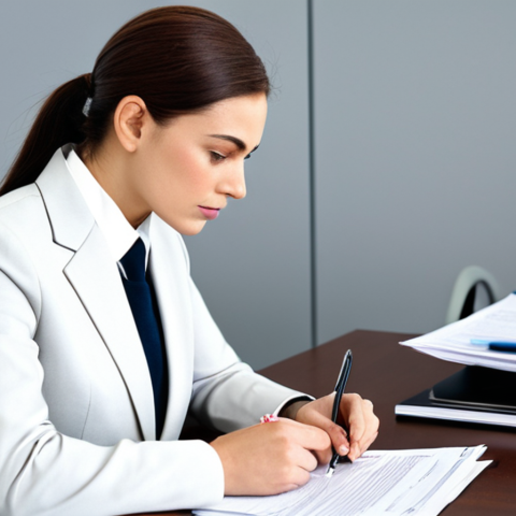 ** A professional businesswoman in a modest business suit, sitting at a desk in a modern office, reviewing documents. Fully clothed, appropriate attire, safe for work, perfect anatomy, natural proportions, professional photography, high quality, serious expression, focused.

**