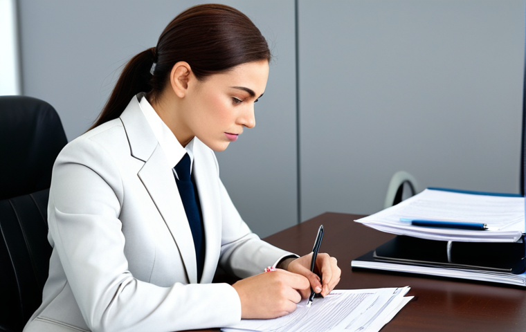 ** A professional businesswoman in a modest business suit, sitting at a desk in a modern office, reviewing documents. Fully clothed, appropriate attire, safe for work, perfect anatomy, natural proportions, professional photography, high quality, serious expression, focused.

**