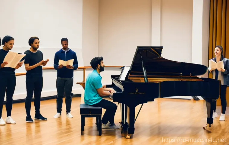 뮤지컬 배우의 공연 기획 참여 - **"A vibrant and energetic rehearsal session for a musical in a spacious studio. A diverse group of ...