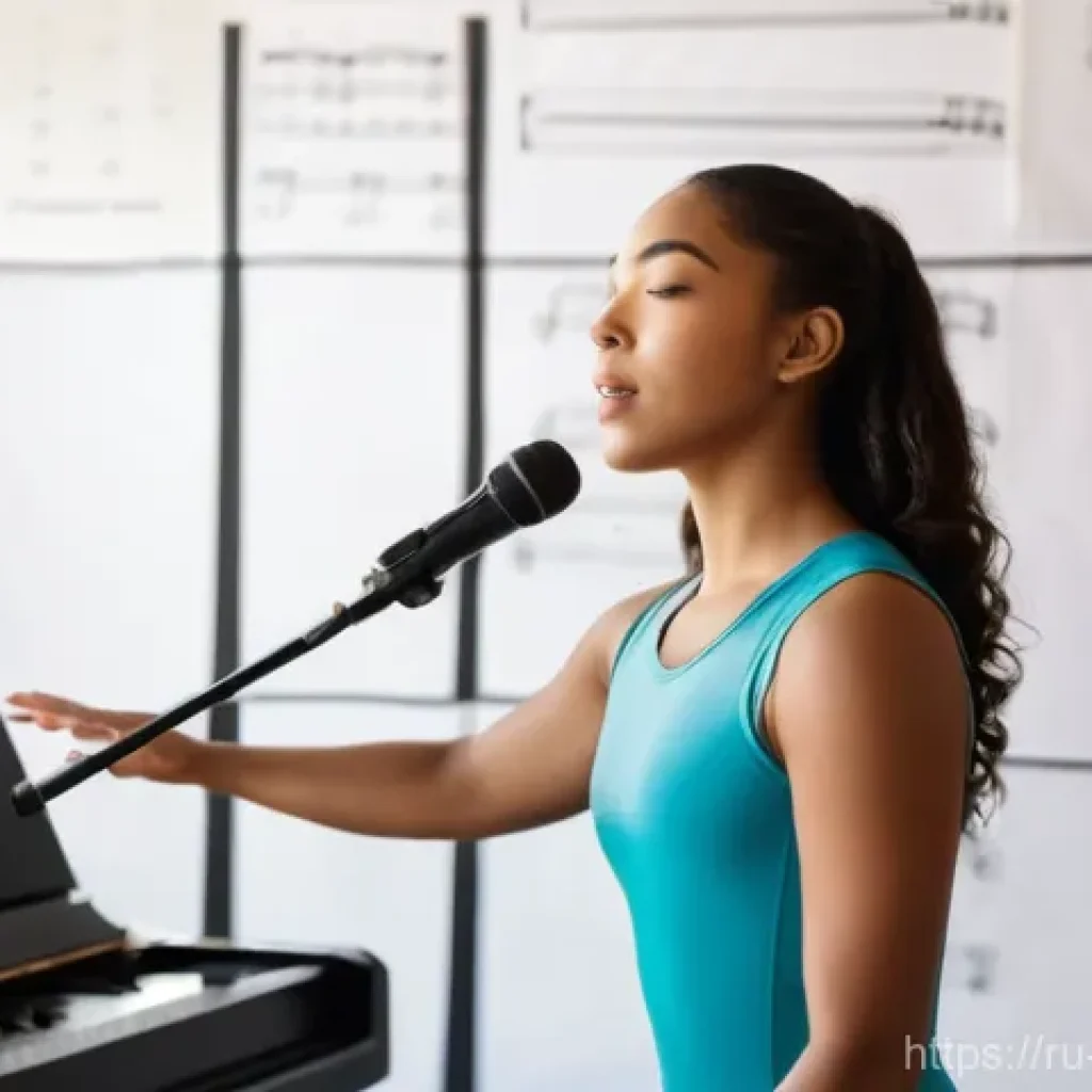 뮤지컬 배우가 들려주는 자기 성장 이야기 - **Prompt: Dedicated Vocal Practice in a Studio**
    A female musical theater actress in her late 20...