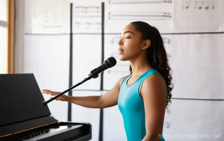 뮤지컬 배우가 들려주는 자기 성장 이야기 - **Prompt: Dedicated Vocal Practice in a Studio**
A female musical theater actress in her late 20...