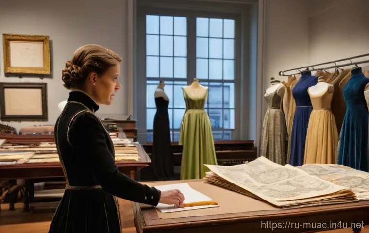 뮤지컬 배우와 의상 디자이너의 협력 - **"The Vision's Genesis: A Costume Designer's Studio"**
A detailed scene inside a bustling costu...