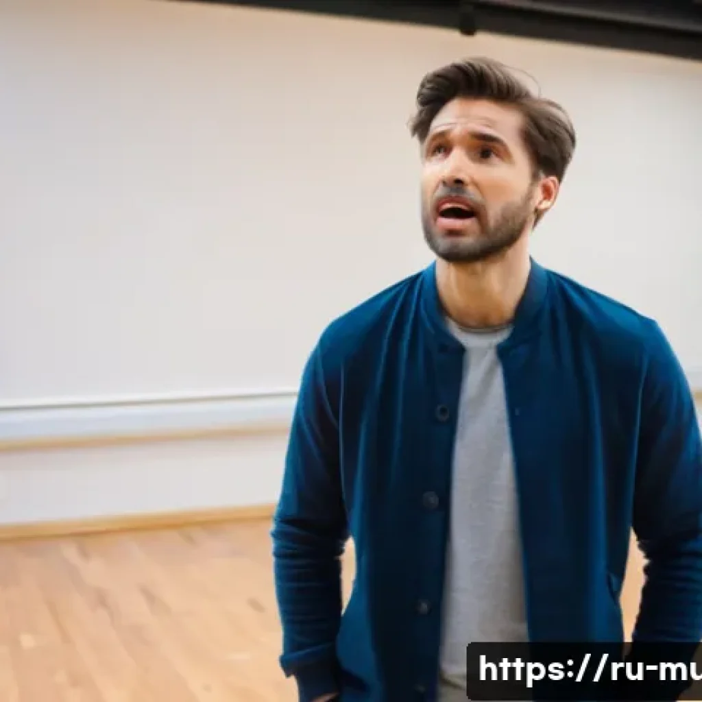 뮤지컬 배우의 작품 리메이크 경험기 - A professional actor in a modern theater rehearsal room, practicing a complex character role with in...