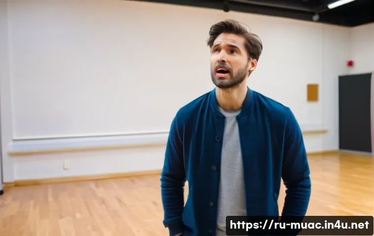 뮤지컬 배우의 작품 리메이크 경험기 - A professional actor in a modern theater rehearsal room, practicing a complex character role with in...