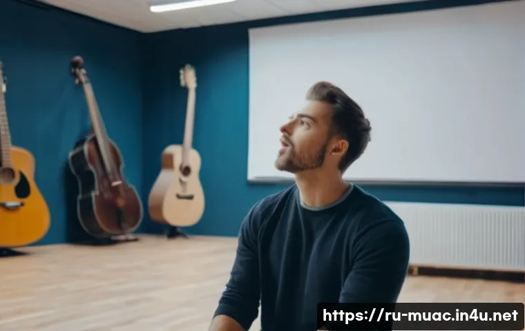 뮤지컬 배우를 위한 동기 부여 이야기 - A professional stage artist practicing vocal techniques in a modern rehearsal studio, wearing comfor...
