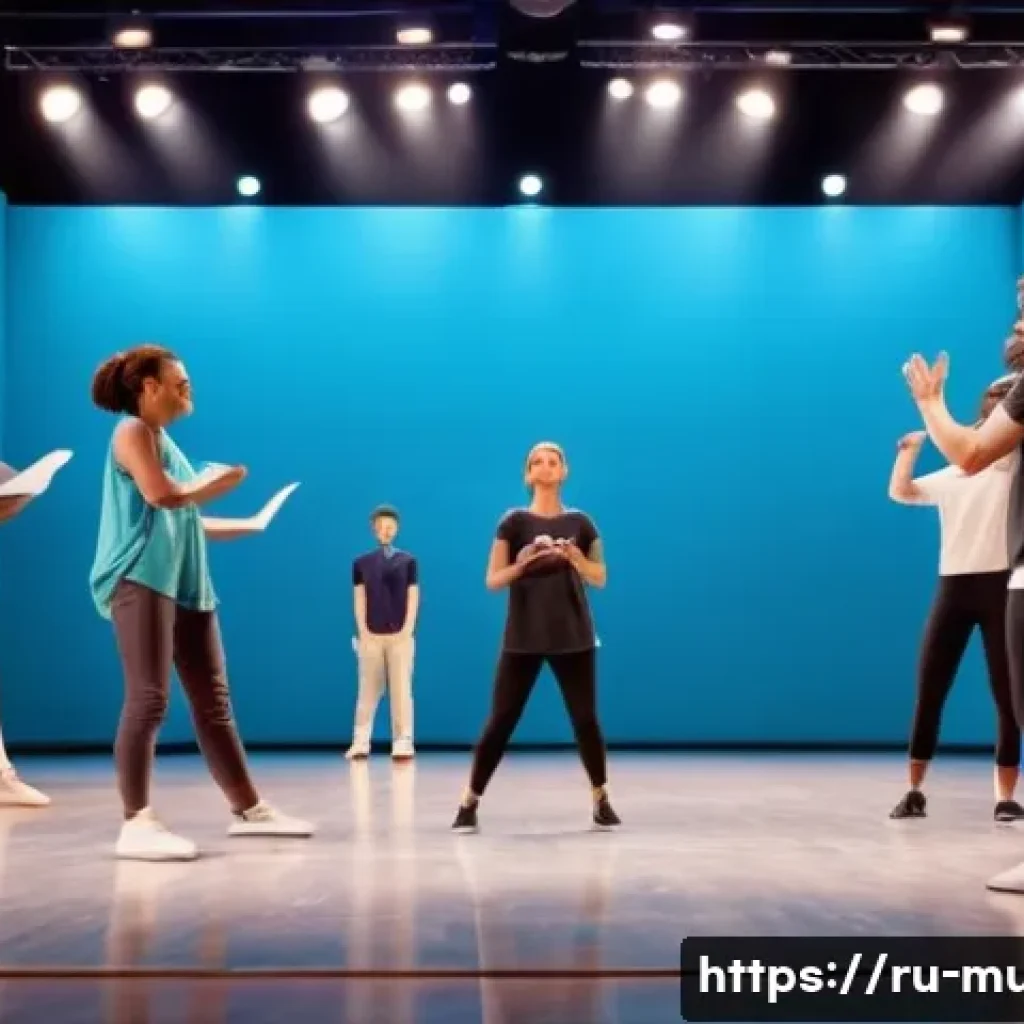 뮤지컬 배우가 겪는 에피소드 모음 - A musical theater rehearsal scene showing a diverse group of actors practicing on stage in a spaciou...