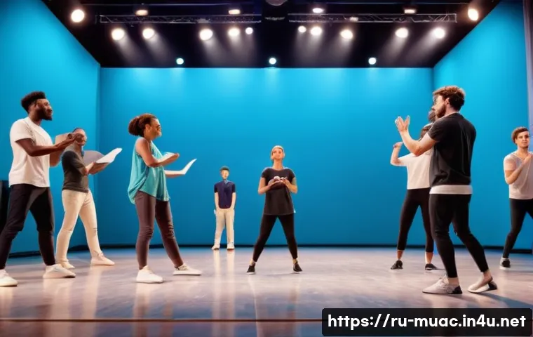 뮤지컬 배우가 겪는 에피소드 모음 - A musical theater rehearsal scene showing a diverse group of actors practicing on stage in a spaciou...