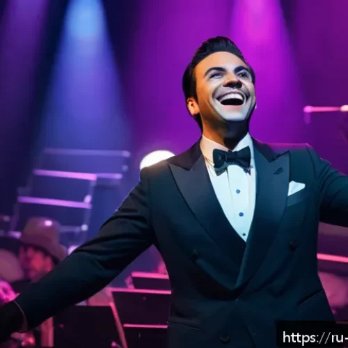 Home 33 뮤지컬 배우의 공연 중 돌발 상황 대처법 - A theatrical actor on stage during a live musical performance, wearing elegant costume and stage mak...