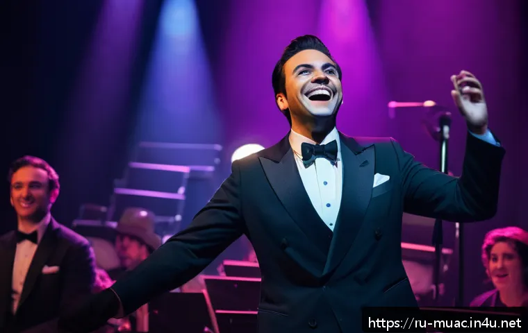 뮤지컬 배우의 공연 중 돌발 상황 대처법 - A theatrical actor on stage during a live musical performance, wearing elegant costume and stage mak...