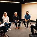 Home 20 뮤지컬 배우와 팀워크 구축 - A warm, inviting theater rehearsal room filled with a diverse group of actors engaging in an open di...