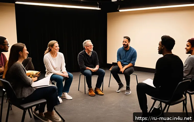 뮤지컬 배우와 팀워크 구축 - A warm, inviting theater rehearsal room filled with a diverse group of actors engaging in an open di...