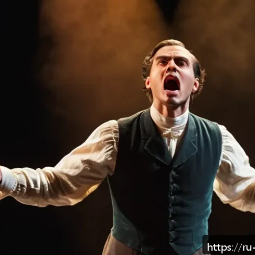 Home 31 뮤지컬 배우의 공연 평가 분석 - A detailed scene of a theatrical performance on stage, featuring a male actor in period costume with...