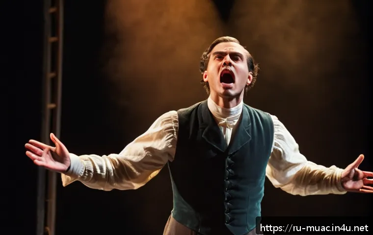 뮤지컬 배우의 공연 평가 분석 - A detailed scene of a theatrical performance on stage, featuring a male actor in period costume with...