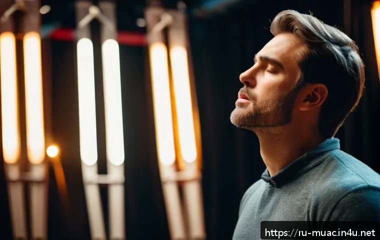 뮤지컬 배우 자기관리 노하우 - A professional musical theater actor practicing deep diaphragmatic breathing exercises backstage, we...